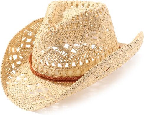 Straw Cowboy Hats for Women Men Western Cowgirl Hats with Shapeable Brim Woven Hollow Out Unisex Beach Roll Up Caps in Saudi Arabia