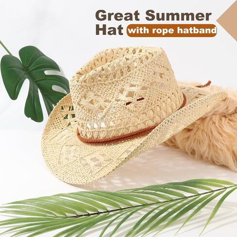 Straw Cowboy Hats for Women Men Western Cowgirl Hats with Shapeable Brim Woven Hollow Out Unisex Beach Roll Up Caps in Saudi Arabia
