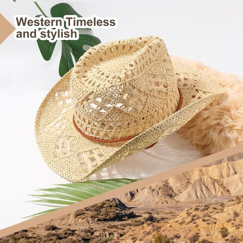 Straw Cowboy Hats for Women Men Western Cowgirl Hats with Shapeable Brim Woven Hollow Out Unisex Beach Roll Up Caps in Saudi Arabia