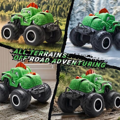 Amphibious Monster Truck Toys, Waterproof Dinosaur Monster Trucks for Boys Age 4-7, 2.4GHz 4WD All Terrain RC Cars with 2 Batteries, 360° Rotating Stunt RC Car Toy Birthday Gift for Kids 3-5 in Saudi Arabia