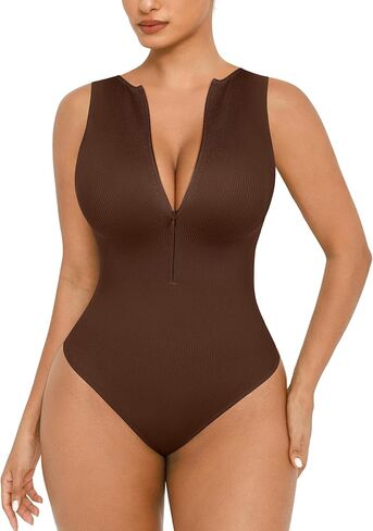 FeelinGirl Bodysuits for Women Seamless Body Suit Invisible Zip Up Crew Neck Slimming Ribbed Basic Tank Tops in Kuwait