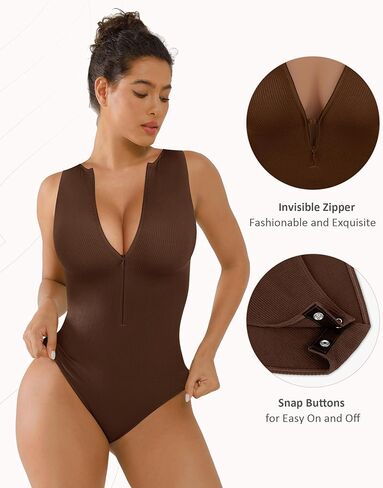 FeelinGirl Bodysuits for Women Seamless Body Suit Invisible Zip Up Crew Neck Slimming Ribbed Basic Tank Tops in Kuwait