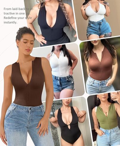 FeelinGirl Bodysuits for Women Seamless Body Suit Invisible Zip Up Crew Neck Slimming Ribbed Basic Tank Tops in Kuwait