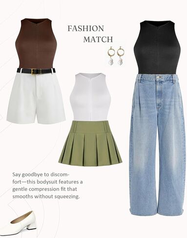 FeelinGirl Bodysuits for Women Seamless Body Suit Invisible Zip Up Crew Neck Slimming Ribbed Basic Tank Tops in Kuwait