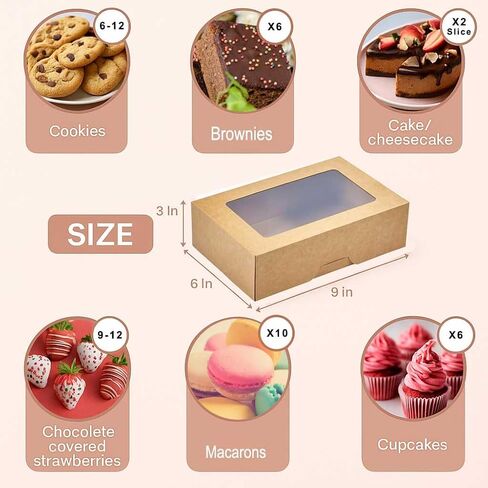 30 Pack Cookie Boxes with Window for Gift Giving – 9x6x3 Inches Bakery Boxes - Extra Thick Small Cookie Containers for Treats, Desserts, Strawberries, Cupcake, Candy, Charcuterie, Baked Goods (Brown) in Kuwait