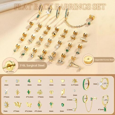 MILACOLATO Flat Back Earrings for Women Hypoallergenic Surgical Steel Earrings for Sensitive Ears Flatback Stud Earrings Screw Back Cartilage Earring Sets for Multiple Piercing 25Pcs in Saudi Arabia