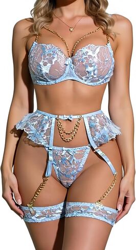 Sexy Women's Lingerie Sets with Garter Belt 3 Piece Teddy Bodysuit with Metal Chains, Push Up Exotic Sleepwear in Saudi Arabia