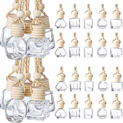 Zubebe 500 PCS معلقة على زجاجات نشر السيارات ، 5 أنماط زجاجية قابلة لإعادة الملء الزجاجية القابلة لإعادة الملء مع غطاء خشبي للعطور العطرية العطر الزخرفة العطرية ، 8 مل 10 مل. in Kuwait