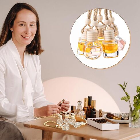 Zubebe 500 PCS معلقة على زجاجات نشر السيارات ، 5 أنماط زجاجية قابلة لإعادة الملء الزجاجية القابلة لإعادة الملء مع غطاء خشبي للعطور العطرية العطر الزخرفة العطرية ، 8 مل 10 مل. in Kuwait