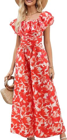 Gardenwed Women's Floral Wide Leg Jumpsuit, Ruffle Short Sleeve Square Neck Summer Casual Palazzo Romper with Pockets in Kuwait