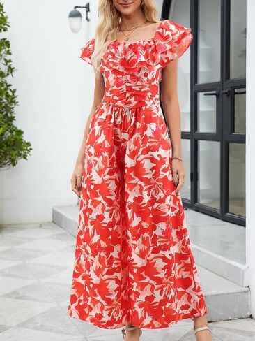 Gardenwed Women's Floral Wide Leg Jumpsuit, Ruffle Short Sleeve Square Neck Summer Casual Palazzo Romper with Pockets in Kuwait