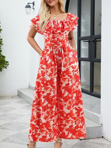 Gardenwed Women's Floral Wide Leg Jumpsuit, Ruffle Short Sleeve Square Neck Summer Casual Palazzo Romper with Pockets in Kuwait