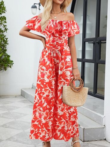 Gardenwed Women's Floral Wide Leg Jumpsuit, Ruffle Short Sleeve Square Neck Summer Casual Palazzo Romper with Pockets in Kuwait