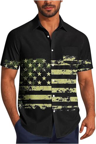 4th of July Shirts for Men American USA Flag Patriotic T-Shirt Casual Short Sleeve Button Down Hawaiian Bowling Shirt in Saudi Arabia