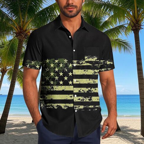 4th of July Shirts for Men American USA Flag Patriotic T-Shirt Casual Short Sleeve Button Down Hawaiian Bowling Shirt in Saudi Arabia