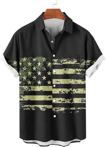 4th of July Shirts for Men American USA Flag Patriotic T-Shirt Casual Short Sleeve Button Down Hawaiian Bowling Shirt in Saudi Arabia