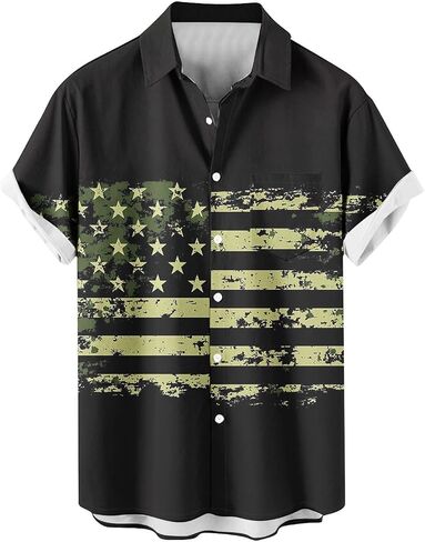 4th of July Shirts for Men American USA Flag Patriotic T-Shirt Casual Short Sleeve Button Down Hawaiian Bowling Shirt in Saudi Arabia