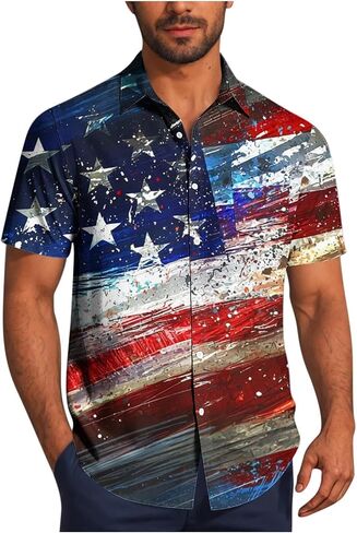 4th of July Shirts for Men American USA Flag Patriotic T-Shirt Casual Short Sleeve Button Down Hawaiian Bowling Shirt in Saudi Arabia