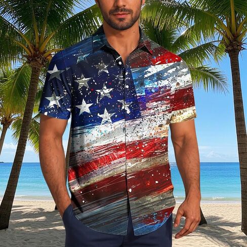 4th of July Shirts for Men American USA Flag Patriotic T-Shirt Casual Short Sleeve Button Down Hawaiian Bowling Shirt in Saudi Arabia