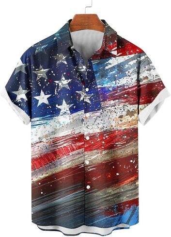 4th of July Shirts for Men American USA Flag Patriotic T-Shirt Casual Short Sleeve Button Down Hawaiian Bowling Shirt in Saudi Arabia
