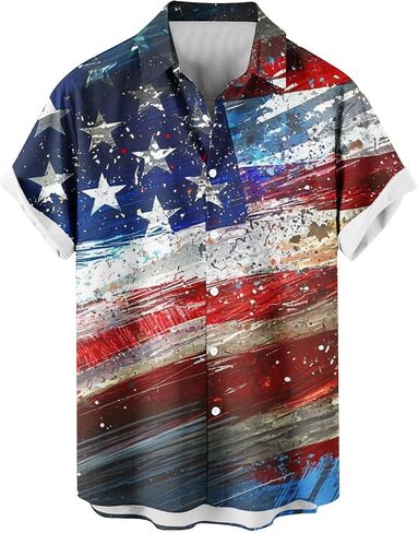 4th of July Shirts for Men American USA Flag Patriotic T-Shirt Casual Short Sleeve Button Down Hawaiian Bowling Shirt in Saudi Arabia