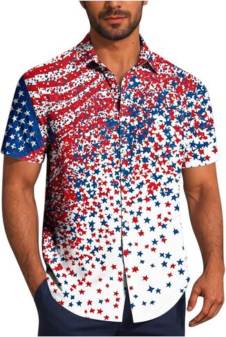 4th of July Shirts for Men American USA Flag Patriotic T-Shirt Casual Short Sleeve Button Down Hawaiian Bowling Shirt in Saudi Arabia