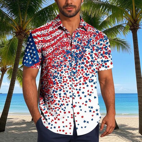 4th of July Shirts for Men American USA Flag Patriotic T-Shirt Casual Short Sleeve Button Down Hawaiian Bowling Shirt in Saudi Arabia
