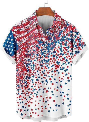 4th of July Shirts for Men American USA Flag Patriotic T-Shirt Casual Short Sleeve Button Down Hawaiian Bowling Shirt in Saudi Arabia