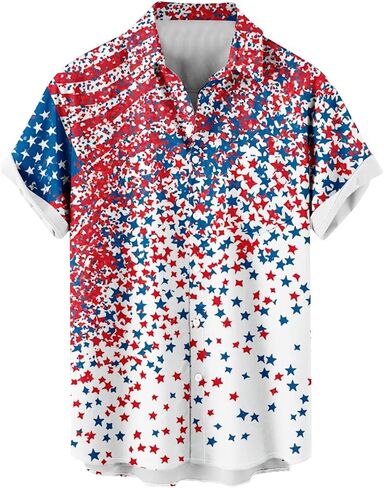 4th of July Shirts for Men American USA Flag Patriotic T-Shirt Casual Short Sleeve Button Down Hawaiian Bowling Shirt in Saudi Arabia