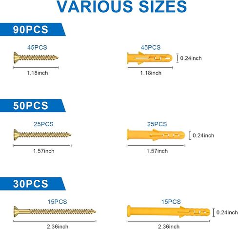 Aovchei Drywall Anchors Kit, 170pcs, 85 Plastic Drywall Anchors and 85 Philips Flat Head Screws, 3 Size #6 * 30#6 * 40#6 * 60, Wall Hanging Kit for Hanging Picture Frame, Shelf Brackets, Curtain Rod in Saudi Arabia