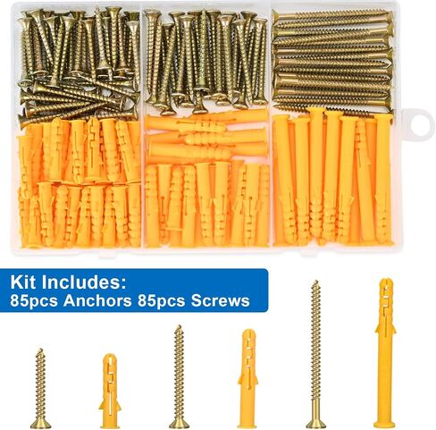 Aovchei Drywall Anchors Kit, 170pcs, 85 Plastic Drywall Anchors and 85 Philips Flat Head Screws, 3 Size #6 * 30#6 * 40#6 * 60, Wall Hanging Kit for Hanging Picture Frame, Shelf Brackets, Curtain Rod in Saudi Arabia