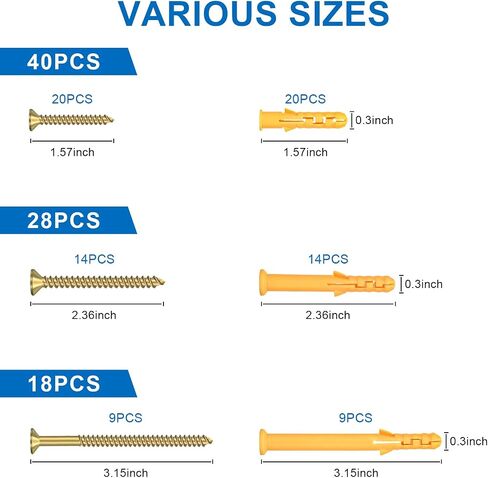 Aovchei Drywall Anchors Kit, 170pcs, 85 Plastic Drywall Anchors and 85 Philips Flat Head Screws, 3 Size #6 * 30#6 * 40#6 * 60, Wall Hanging Kit for Hanging Picture Frame, Shelf Brackets, Curtain Rod in Saudi Arabia