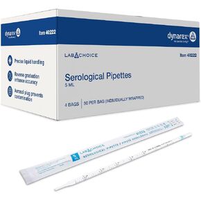 LabChoice Serological Pipettes - 200 Count - Plastic Disposable Sterile Pipettes, Individually Packed Graduated Transfer Pipette for Laboratory Use - 5mL, Blue in Kuwait