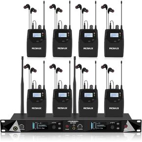 Wireless in Ear Monitor System ، نظامان UHF Pro Mono IEM للموسيقيين المغنيين ، الترددات 2x40 ، نطاق 330 قدمًا ، جهاز إرسال رف ومستقبل Bodypacks للفرقة ، الاستوديو (2 حزمة) in Kuwait