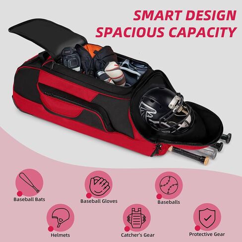 Catchers Gear Bag with Wheels, Rolling Baseball & Softball Catchers Bags with 4 Bat Sleeves, Fence-Hooks, Separate Shoe Compartments and Multi-Pockets in Saudi Arabia
