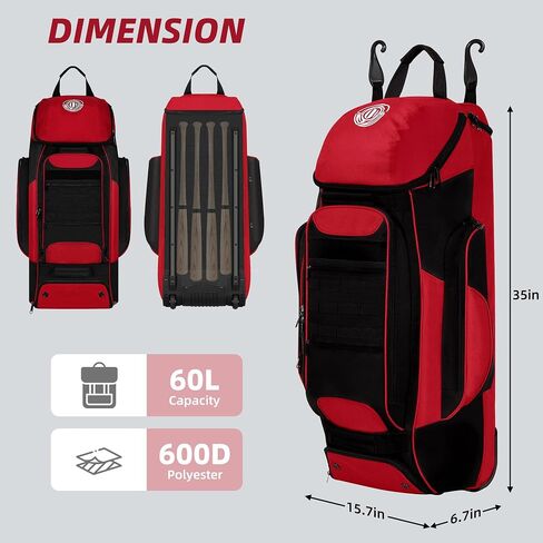 Catchers Gear Bag with Wheels, Rolling Baseball & Softball Catchers Bags with 4 Bat Sleeves, Fence-Hooks, Separate Shoe Compartments and Multi-Pockets in Saudi Arabia