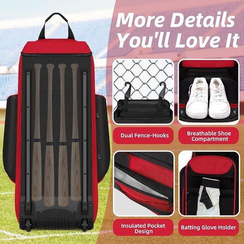 Catchers Gear Bag with Wheels, Rolling Baseball & Softball Catchers Bags with 4 Bat Sleeves, Fence-Hooks, Separate Shoe Compartments and Multi-Pockets in Saudi Arabia
