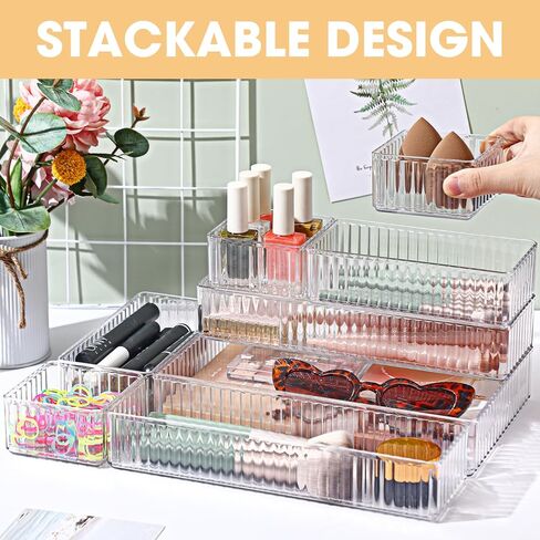 18 PCS Clear Drigher Organizer 4 Size Clear Makeup Rerger Murder Raneser Musts Acrylic Bathrate Vanity Roats for Cosmetic ، Molebries ، Office Supply ، Officels Offectils Admitters in Kuwait