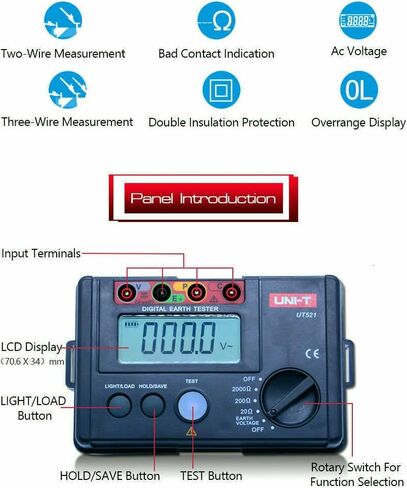 Uni-T Uni-Trend UT521 UT522 Digital Earth Earth Ground Resistance AC Earth Resulation Resultance Restenser Tester Light Weight Resistance Responster Ground Resistance Voltmeter (UT522) in Kuwait