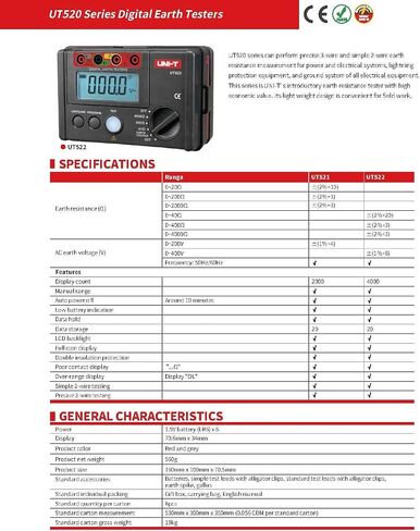 Uni-T Uni-Trend UT521 UT522 Digital Earth Earth Ground Resistance AC Earth Resulation Resultance Restenser Tester Light Weight Resistance Responster Ground Resistance Voltmeter (UT522) in Kuwait