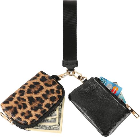 Mini Zip Around Wristlet Wallet for Women - Dual Pouch Keychain Coin Purse, Faux Leather Portable Small Purse with Detachable Strap, Cute Wristlet Wallet for Women (Black) in Saudi Arabia