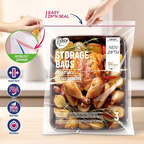 أكياس تخزين قفل 10pcs 3 جالون ، 16 "x18" ، حقيبة فريزر بلاستيكية كبيرة الحجم قابلة لإعادة الاستخدام مع بسحاب ، والملابس ، والسفر ، والتحرك ، وخالية من BPA ، وسميكة 2 ميل in Kuwait