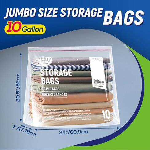 10PCS 3 Gallon Zipper Lock Storage Bags,16"x18",Reusable Extra Large Size Plastic Freezer Bag With Zip for Food,Clothing,Travel,Moving,BPA-Free,2-Mil Thick in Kuwait