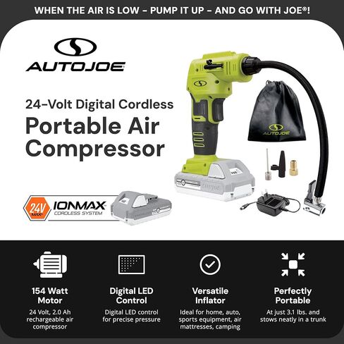 مجموعة ضاغط الهواء المحمول اللاسلكي Auto Joe 24V-AJC1-LTE-P1 24 فولت IONMAX، مع بطارية 2.0 أمبير وشاحن وحقيبة تخزين ومحولات فوهة in Kuwait