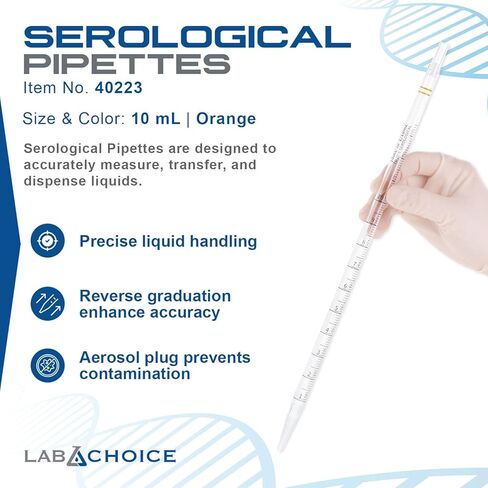 LabChoice Serological Pipettes - 200 Count - Plastic Disposable Sterile Pipettes, Individually Packed Graduated Transfer Pipette for Laboratory Use - 10mL, Orange in Saudi Arabia