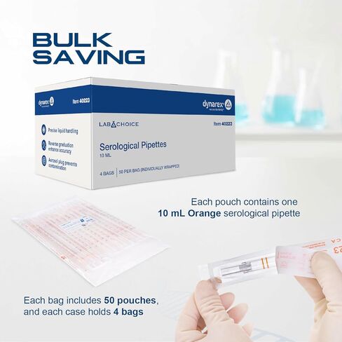 LabChoice Serological Pipettes - 200 Count - Plastic Disposable Sterile Pipettes, Individually Packed Graduated Transfer Pipette for Laboratory Use - 10mL, Orange in Saudi Arabia