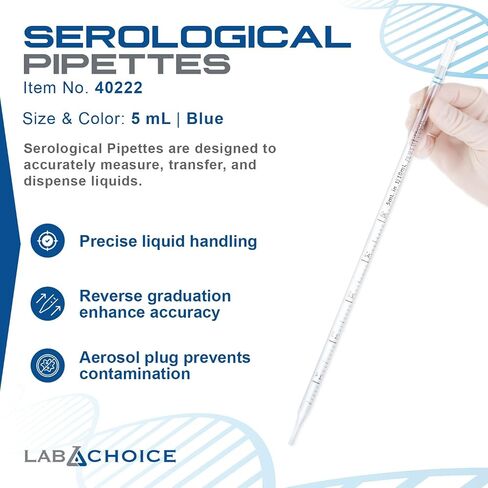 LabChoice Serological Pipettes - 200 Count - Plastic Disposable Sterile Pipettes, Individually Packed Graduated Transfer Pipette for Laboratory Use - 5mL, Blue in Saudi Arabia