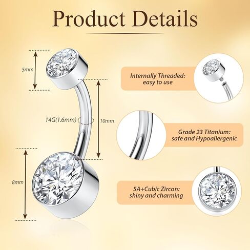 PEAKLINK Titanium Belly Button Ring 14G Belly Jewelry with Double CZ Navel Bar Internally Threaded Belly Barbell Navel Jewelry Navel Belly Piercing for Women 10mm in Kuwait