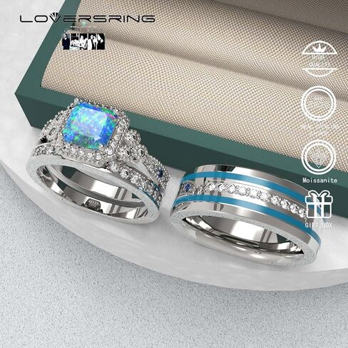 Wedding Ring Sets His And Hers Promise Ring Wedding Ring Sets His And Hers Couples Women 925 Sterling Silver Square Cut Moissanite Man titanium Wedding Band in Saudi Arabia