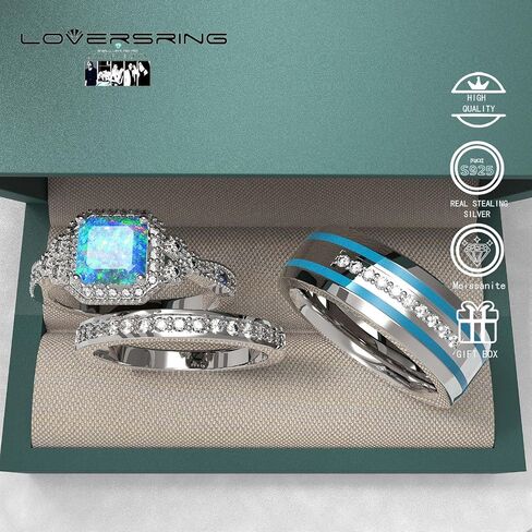 Wedding Ring Sets His And Hers Promise Ring Wedding Ring Sets His And Hers Couples Women 925 Sterling Silver Square Cut Moissanite Man titanium Wedding Band in Saudi Arabia